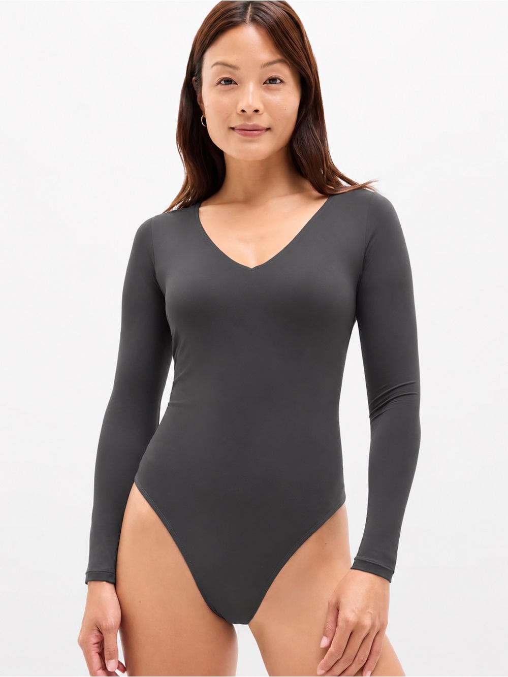 Athleta BodyMove V-Neck Long Sleeve Bodysuit Charcoal Medium